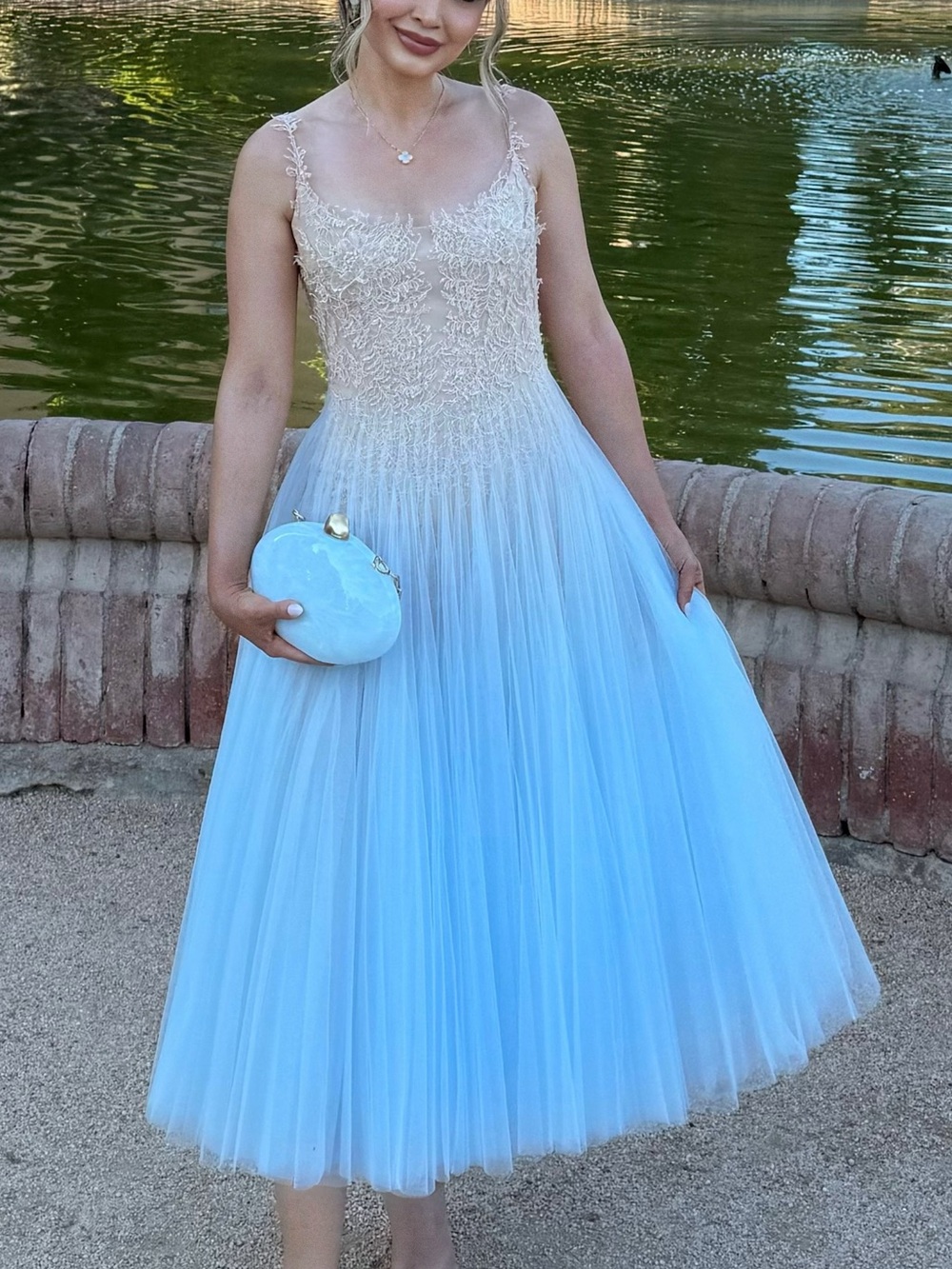 Ethereal Blue Tulle Midi Dress with Lace Bodice